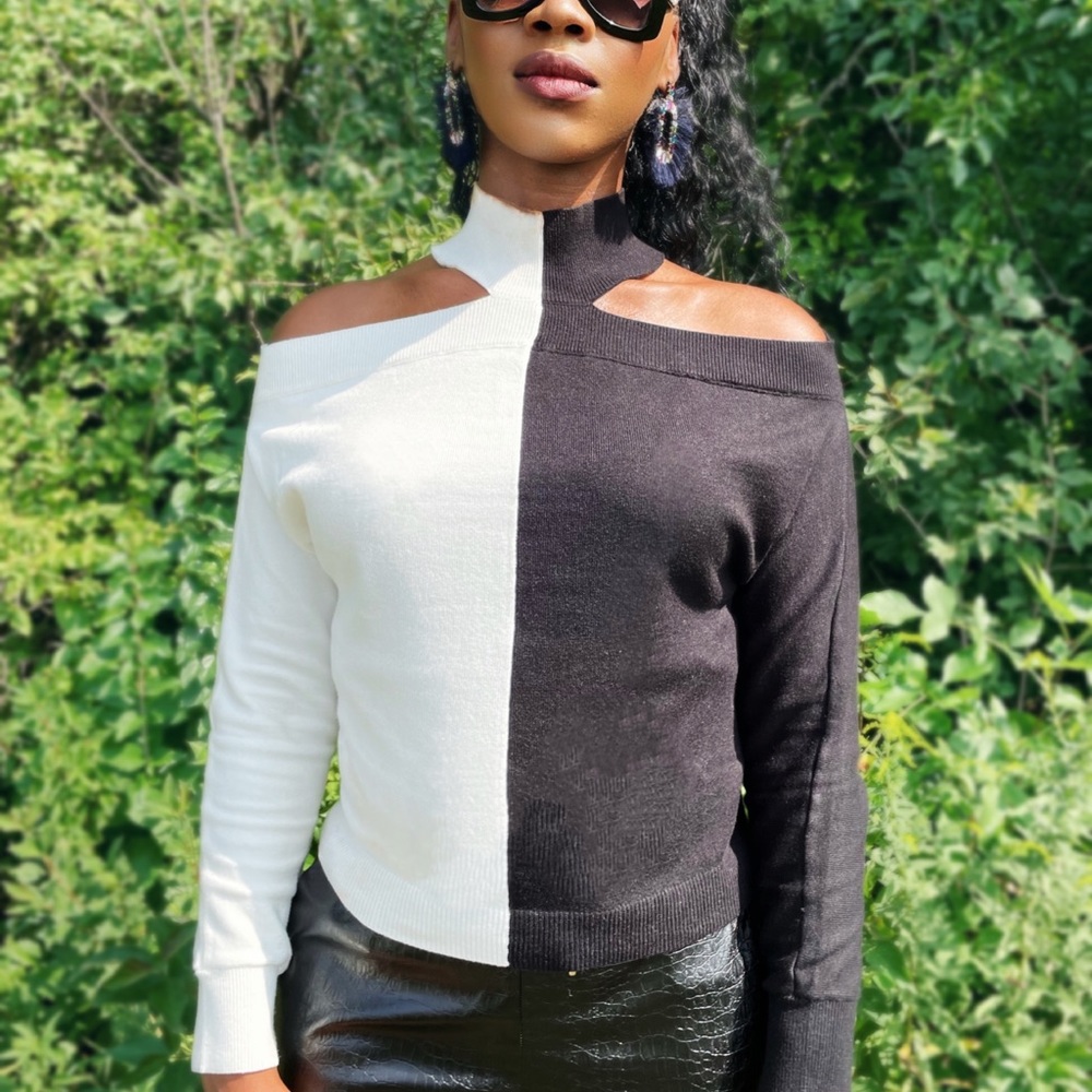 Cold shoulder color block sweater